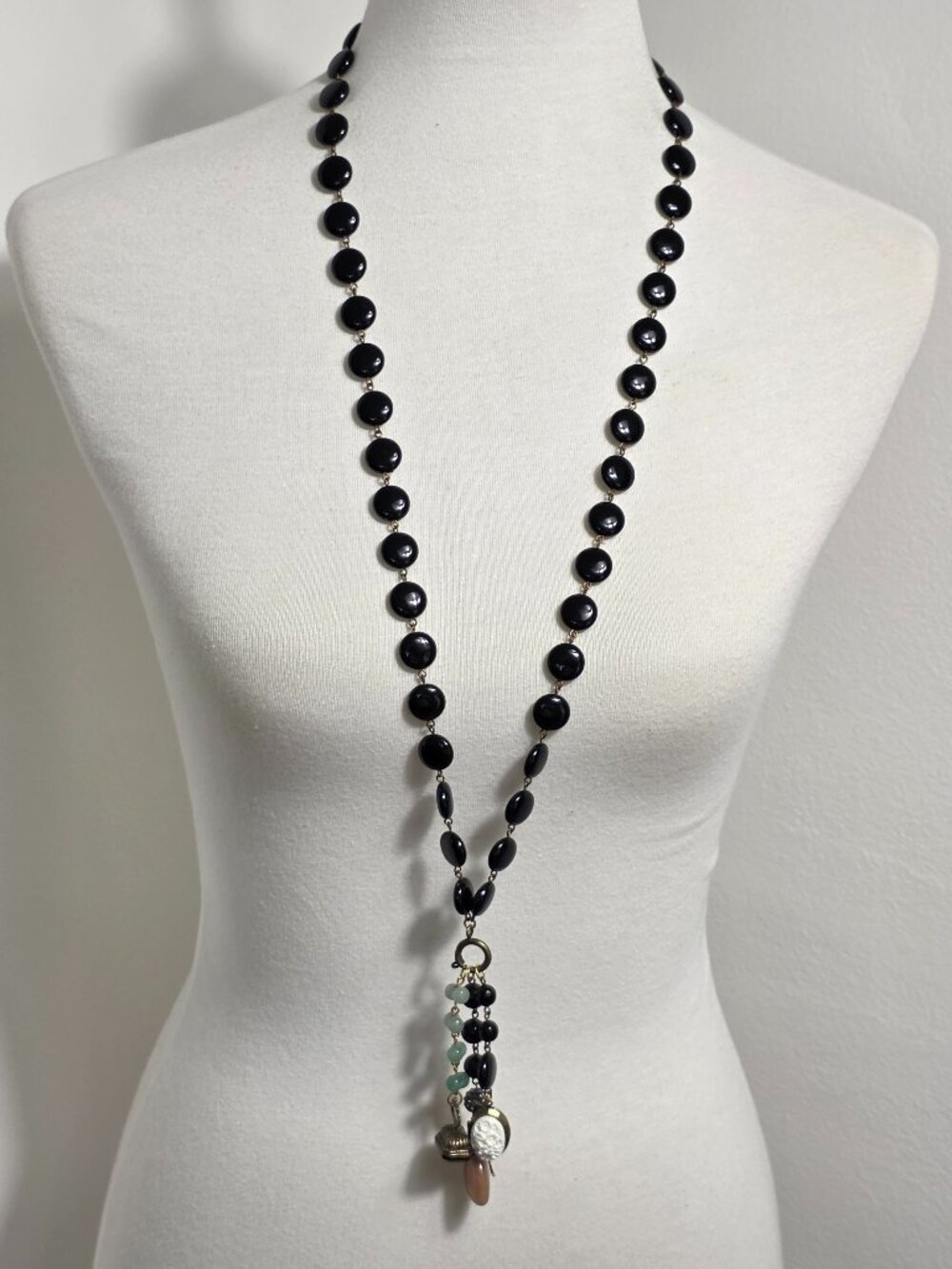David Aubrey Beaded Charm Statement Necklace Black Flat Beads Eclectic Charms